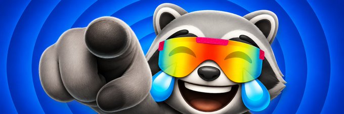 A cartoon raccoon wearing rainbow-tinted sunglasses and crying joyful tears points forward against a blue swirled background. The image aligns with the Solana token $RACOON's branding, featuring a fun, expressive mascot.