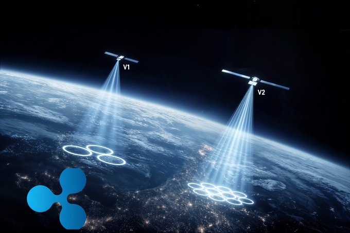 An illustration shows two satellites labeled “V1” and “V2” shining beams onto Earth, with the blue X logo in the lower-left corner. The visual supports the accompanying post, “Yes Elon, Message received.”