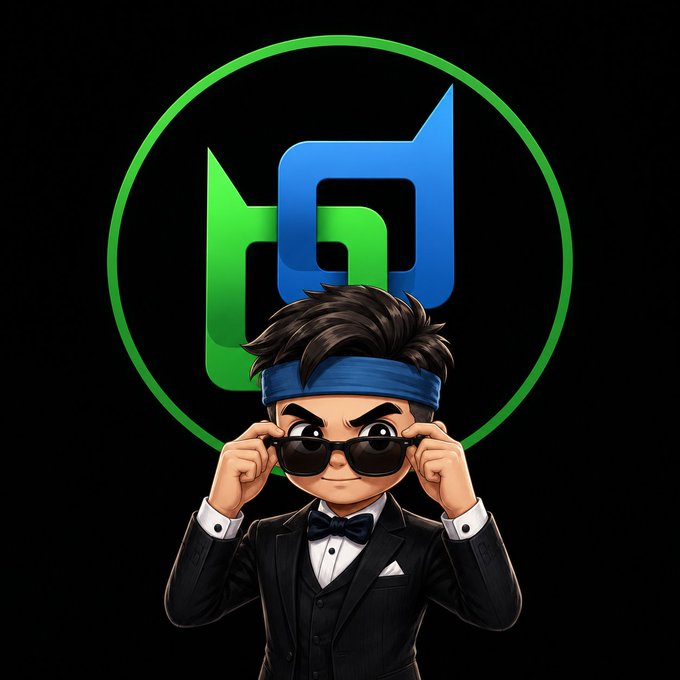 A cartoon avatar of a boy in a tuxedo and blue headband adjusting sunglasses, set against a black background with a green and blue logo.