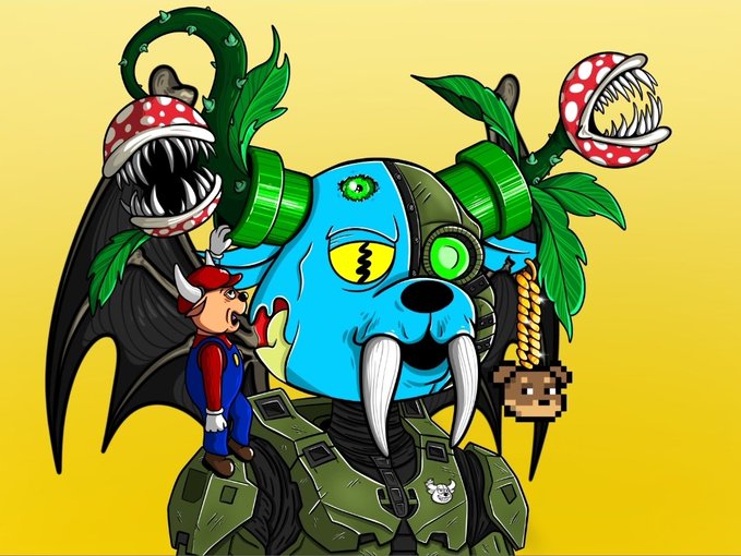 Colorful fan art depicts a blue, dog-like armored vehicle character with a small Mario figure and a pixelated companion; a watermark appears near the lower right.