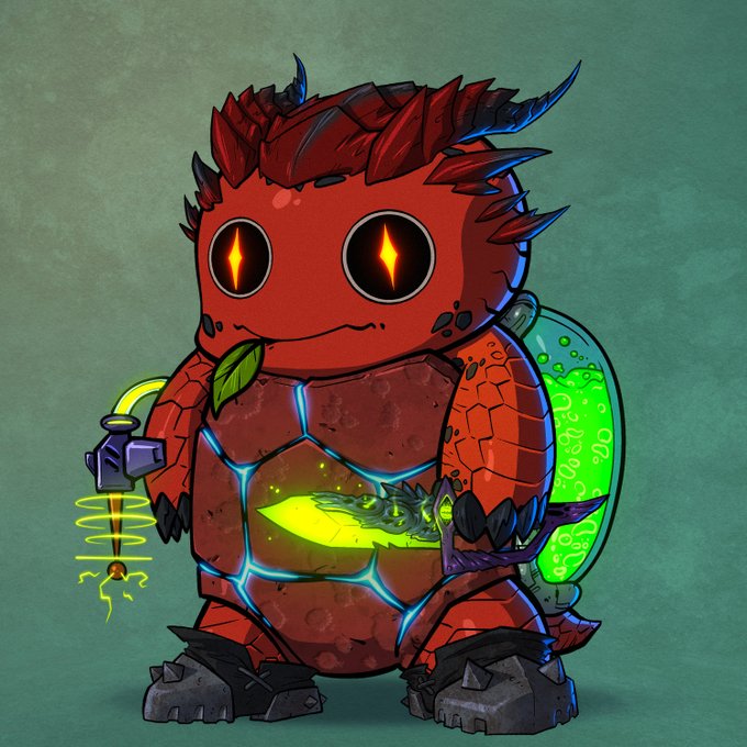A digital illustration of a small, red, bipedal creature with glowing yellow eyes, holding a glowing vial and a curved blade, set against a dark green background.