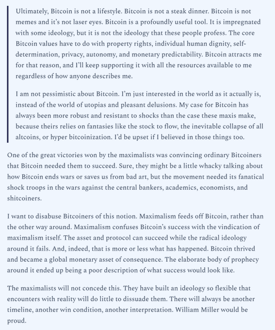 Text excerpt discussing Bitcoin, arguing that it is a 'profoundly useful tool' based on property rights and individual sovereignty, while critiquing maximalism as an ideology that 'feeds off' Bitcoin's success.