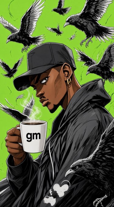 An illustrated portrait of a man wearing a black cap and jacket, drinking from a mug labeled "gm" while surrounded by black crows against a green background.