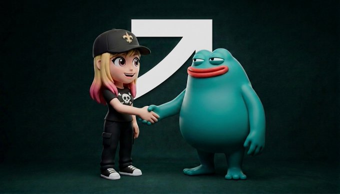 Two stylized 3D cartoon characters—a blonde girl in a black cap and skull t-shirt shaking hands with a teal blob-like creature—stand in front of a large white "7" symbol on a dark green background, visually announcing a new partnership with Markets.xyz.