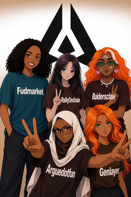An illustrated group of five characters wearing shirts labeled 'Fudmarket', 'RallyOnchain', 'Buidersclaw', 'Arguedotfun', and 'Genlayer' pose in front of a triangular logo.