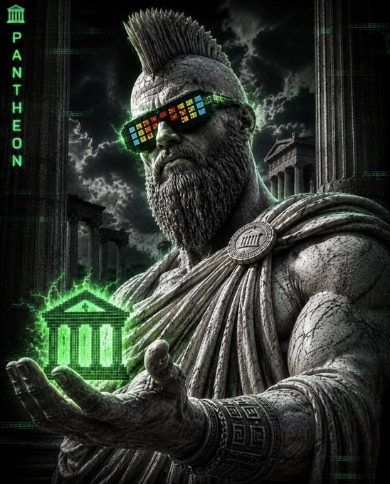 A dark, stylized digital artwork labeled 'PANTHEON' depicting a stone Greek god statue wearing pixelated LED sunglasses and holding a glowing green Greek temple hologram.
