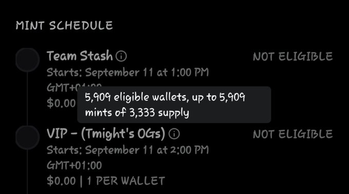 A 'Mint Schedule' screenshot showing 'Team Stash' starting September 11 at 1:00 PM GMT+01:00 with a tooltip indicating '5,909 eligible wallets, up to 5,909 mints of 3,333 supply', and 'VIP - (Tmnight's OGs)' starting at 2:00 PM, both marked as 'NOT ELIGIBLE'.