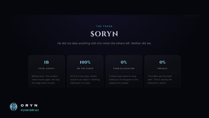 A dark webpage for "THE TOKEN SORYN" showing 1B total supply, 100% on the curve, 0% team allocation, 0% presale, with the URL oryncade.xyz.