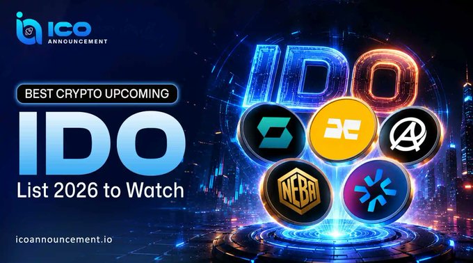 This image promotes the "BEST CRYPTO UPCOMING IDO LIST 2026 to Watch" from ICO ANNOUNCEMENT, showcasing various crypto project logos including $SHIFT, $FAN, $DDY, $NEBA, and $AICRE8, correlating with the provided text.