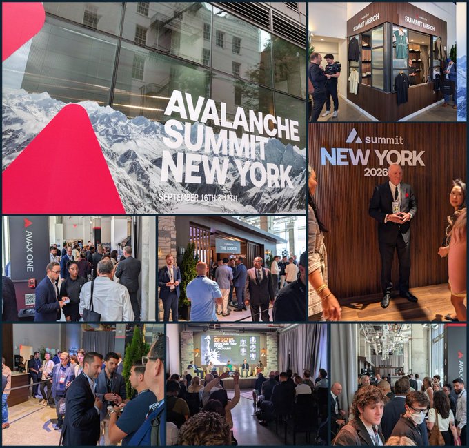 A photo collage promoting the 'Avalanche Summit New York' event on September 16th-18th, showing various scenes of attendees networking, a Summit Merch booth, and a presenter on stage.