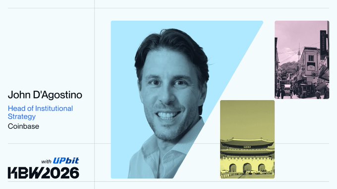 John D'Agostino, Head of Institutional Strategy at Coinbase, is featured as a speaker at KBW2026 with Upbit, with the image showing a portrait of D'Agostino alongside images of a cityscape and traditional architecture, tying into the post about the convenience and value of connecting with crypto industry peers at events like KBW from anywhere in the world.