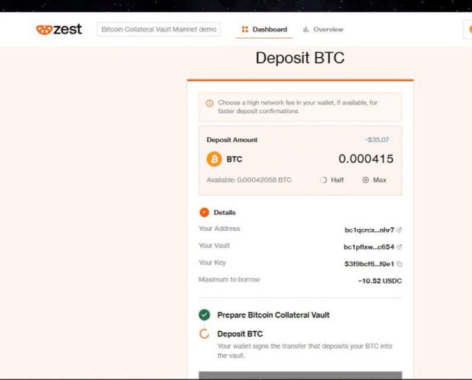 A screenshot of a Zest 'Deposit BTC' dashboard page showing a deposit amount of 0.000415 BTC (~$35.07) with vault address bc1qcrxx...nhr7 and a maximum borrow amount of ~10.52 USDC.