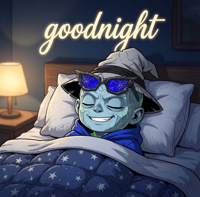 A digital illustration of a smiling zombie-like character wearing star-shaped sunglasses and a sleeping cap in bed, with the word 'goodnight' written in neon letters above.