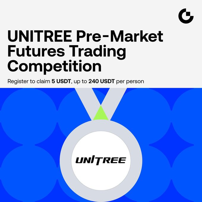 A promotional graphic for the "UNITREE Pre-Market Futures Trading Competition" advertises a reward of "5 USDT" on first registration, with up to "240 USDT" per person available. The image features a silver medal with the "UNITREE" logo set against a blue patterned background, visually reinforcing the competition's trading rewards mentioned in the accompanying post.