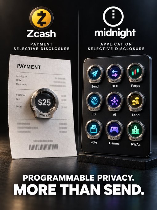 An advertisement for Zcash and Midnight showcasing 'PROGRAMMABLE PRIVACY. MORE THAN SEND.', featuring a payment receipt with a View Key showing $25 alongside an application disclosure panel with options like Send, DEX, Perps, ID, AI, Lend, Vote, Games, and RWAs.