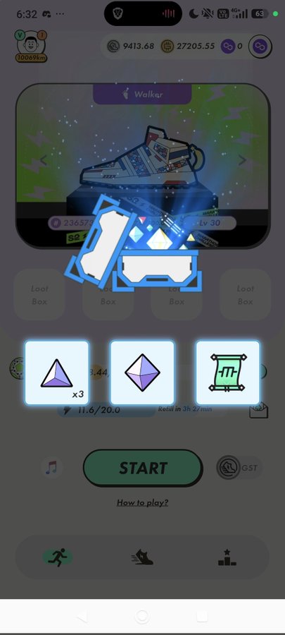 The image shows a phone screen with an app icon displayed that has three different shapes, including a triangle, square, and circle. The text "Stepn Polygon Realm MB5 = 3,800 GMT" is also visible. This suggests that the app might be related to a game or puzzle involving geometric shapes, possibly in a mobile gaming context.