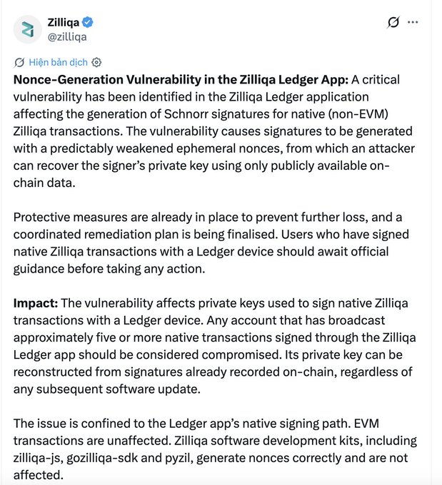 A Twitter/X post from @zilliqa announcing a 'Nonce-Generation Vulnerability in the Zilliqa Ledger App' affecting Schnorr signatures for native Zilliqa transactions, warning that any account with approximately five or more native transactions signed through the Zilliqa Ledger app should be considered compromised.