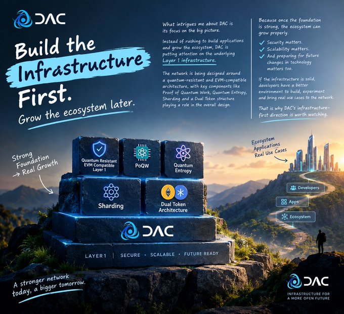 A promotional graphic for DAC emphasizing 'Build the Infrastructure First' with a pyramid graphic depicting Quantum Resistance, PoQW, Quantum Entropy, Sharding, and Dual Token Architecture.