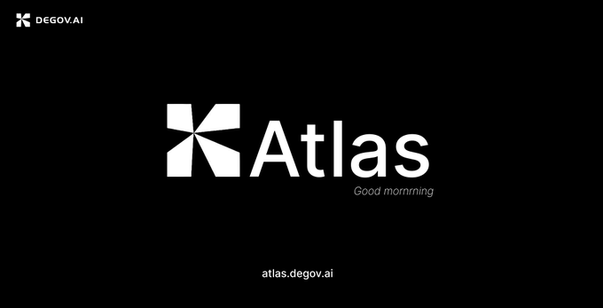 A black screen displays the white logo and text 'K Atlas' with the tagline 'Good morning' and the URL 'atlas.degov.ai', alongside a small 'DeGov.AI' logo.