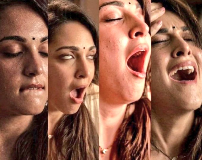 A collage of four close-up images of a woman (appears to be a Bollywood actress) making various exaggerated facial expressions.