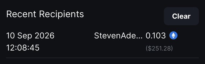 A "Recent Recipients" panel shows a transaction dated 10 Sep 2026 at 12:08:45, displaying a 0.103 ETH (~$251.28) payment sent to "StevenAde..." from a wallet, with a "Clear" button in the top right. The image relates to the post by confirming the receipt of approximately $250 in Ethereum, visually validating the winning claim.