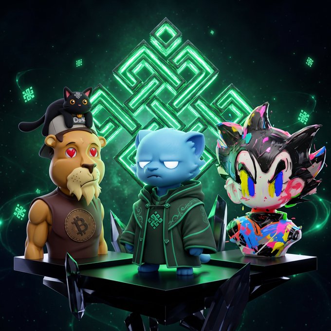 A 3D-rendered NFT-style artwork featuring a lion, a blue bear-like character in a green hoodie, and a colorful character with red eyes, displayed in front of a glowing green geometric symbol.
