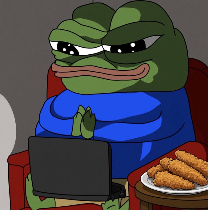 A cartoon Pepe the Frog wearing a blue shirt sits in a red armchair with a laptop on his lap, while a plate of breaded fried food rests on a side table beside him.
