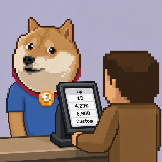 A customer tips a Shiba Inu cashier on "Tipping Tuesday," with a payment screen showing tip options of 1 DOGE, 4.2 DOGE, 6.9 DOGE, or Custom — playfully encouraging crypto tipping in Dogecoin.
