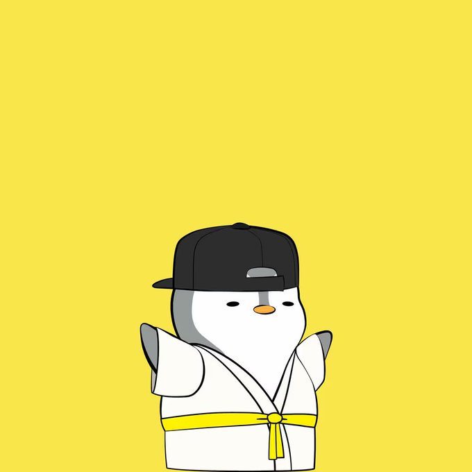 A simple, 2D cartoon illustration of a penguin character wearing a black backwards baseball cap and a white martial arts gi with a yellow belt, set against a plain yellow background.