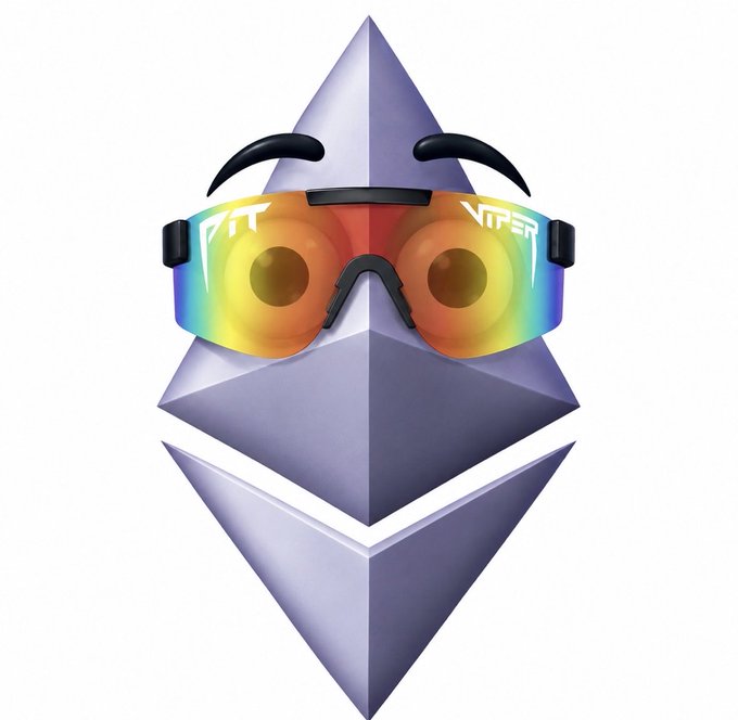 An Ethereum logo emoji design featuring the purple diamond-shaped ETH symbol wearing rainbow-tinted sunglasses and cartoonish smiling eyes.