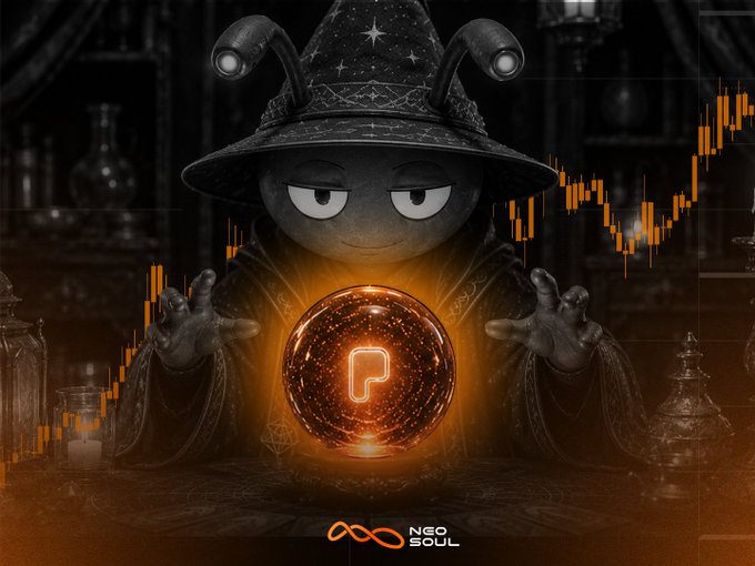 A stylized wizard character wearing a starry pointed hat conjures a glowing orange orb featuring the "P" logo, overlaid on a candlestick price chart. The "NEO SOUL" branding appears at the bottom, framing PONS as a mystical, chart-predicted token about to hit the $1 mark.