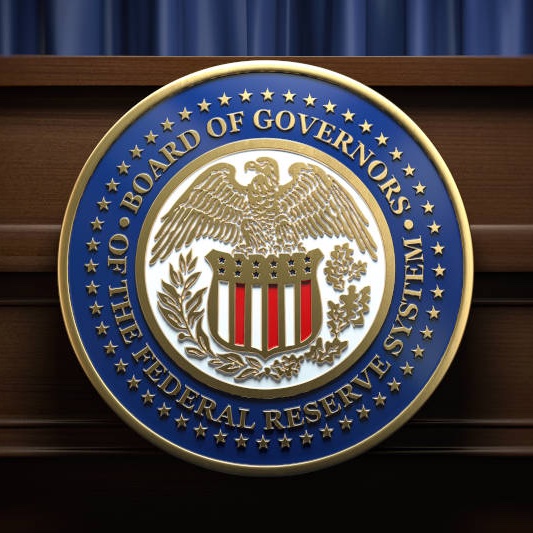 The official seal of the Board of Governors of the Federal Reserve System is displayed prominently, representing the institution at the center of next week's anticipated FOMC interest rate decision. The image symbolizes the Fed's role as markets now price in a 70% chance of a 25-basis-point rate hike following the latest PPI data.