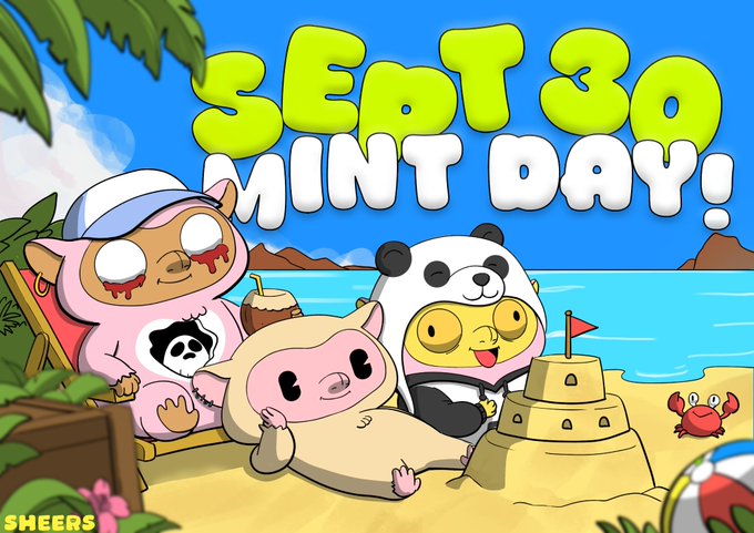 A vibrant beach-themed cartoon illustration announces "Sept 30 Mint Day!" featuring a sloth, panda, and other animal characters relaxing on the sand with a coconut drink and sandcastle, promoting the SHEERS NFT collection's launch with details like 5,000 supply, $1 mint price, and allocation breakdown across presale, GTD, and public tiers on OpenSea via Robinhood Chain.