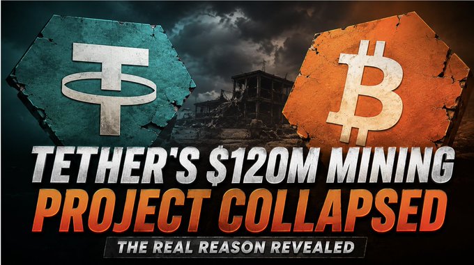 YouTube thumbnail-style graphic with Tether and Bitcoin logos on cracked surfaces, headlined 'TETHER'S $120M MINING PROJECT COLLAPSED - THE REAL REASON REVEALED' against a dark industrial background.