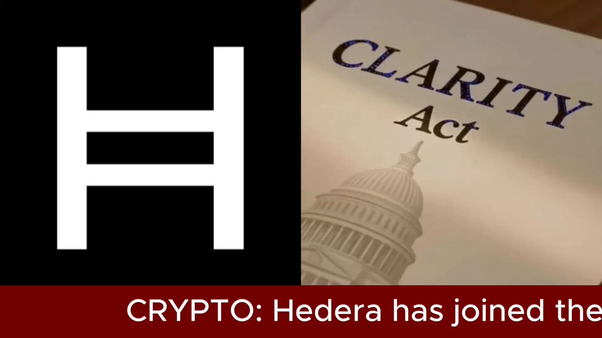 The image features a poster with the text "Hedera Joins 200-Member Coalition To Push Clarity ACT @Hedera joins a coalition of over 200 organizations demanding that Senate leadership bring the Clarity Act to a floor vote without delay". The poster is placed on top of a book titled "Clarity Act" and it appears to be related to the Crypt coin.