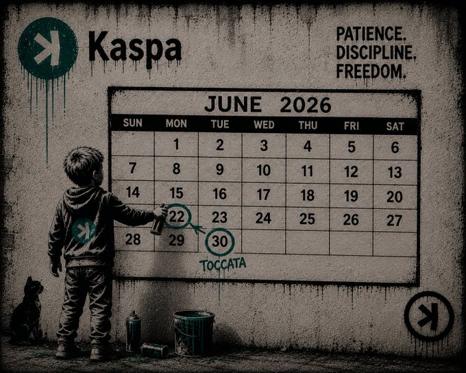 The image features a calendar with the date "June 26th" written on it, along with the words "Kaspa", "Prayer", "Dignity", "Discipline", "Freedom". The calendar also has graffiti art on it, including the phrase "Kaspa" and the numbers "22", "23", "29", and "30". A child is standing in front of the calendar with a spray paint can, suggesting that they are creating more graffiti or artwork.