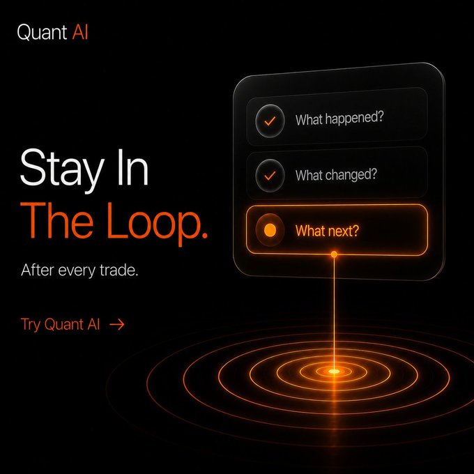 Quant AI promotional graphic with the tagline 'Stay In The Loop. After every trade.' showing options 'What happened?', 'What changed?', and 'What next?'.