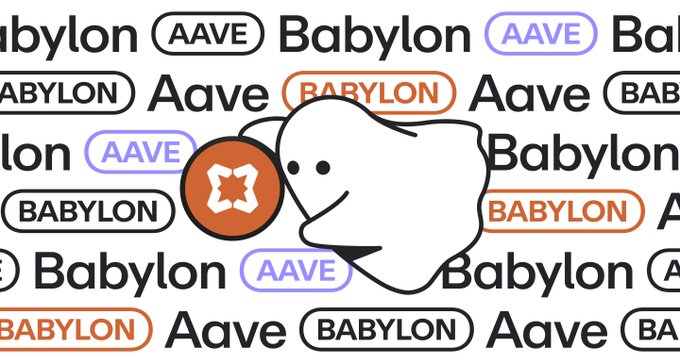 A graphic featuring the Babylon and Aave logos tiled in the background, with a cartoon ghost holding a coin in the foreground.