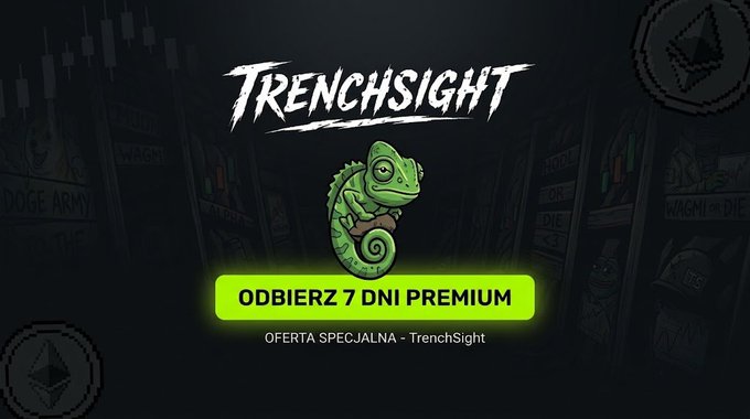 A promotional graphic for "TRENCHSIGHT" featuring a cartoon chameleon and Polish text "ODBIERZ 7 DNI PREMIUM" (Get 7 Days Premium) on a neon green button.