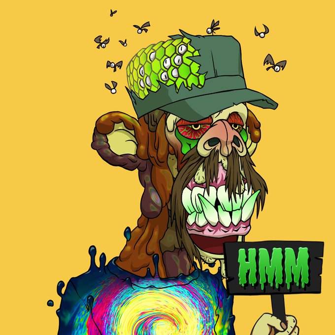 A psychedelic cartoon illustration of a monstrous figure with a multi-eyed brain exposed under a green cap, an exaggerated grinning mouth, flies buzzing around, and holding a sign that reads 'HMM' against a yellow background.
