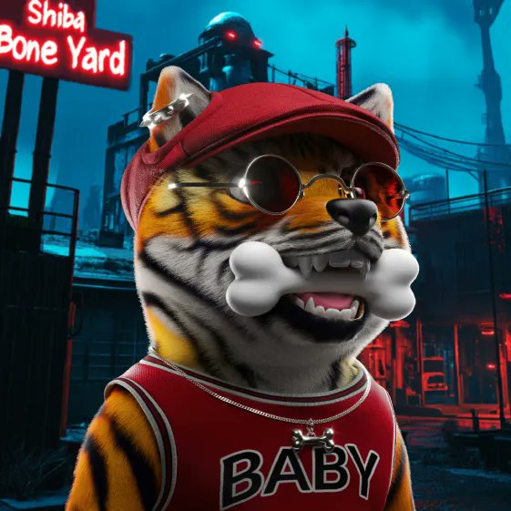 A stylized anthropomorphic tiger-like character wearing a red cap, round sunglasses, and a "BABY" jersey poses in a neon-lit cyberpunk setting, with a "Shiba Bone Yard" sign glowing in the background, fitting the "#BabyShibas" theme.