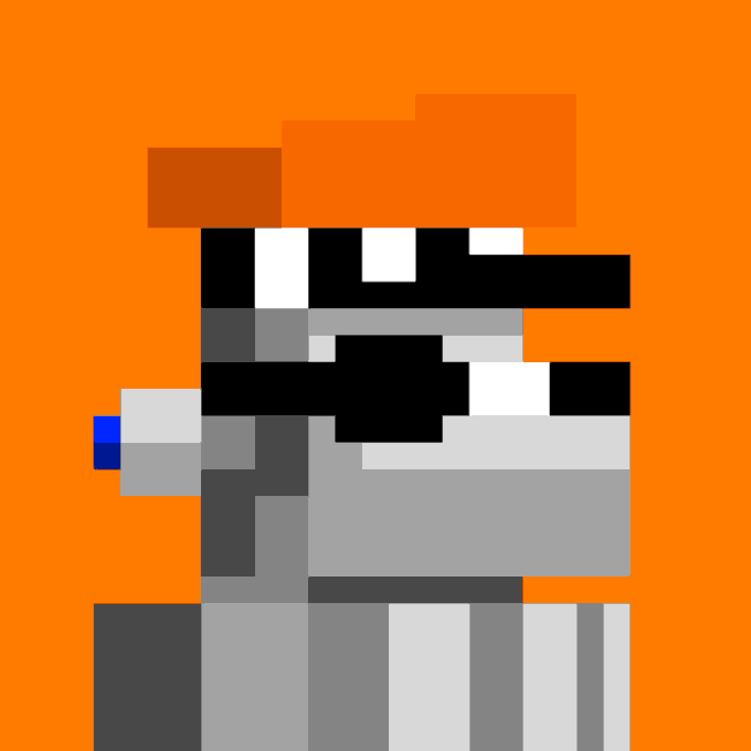 A low-resolution pixel art image showing a gray and white robotic figure with a black mouth against an orange background.