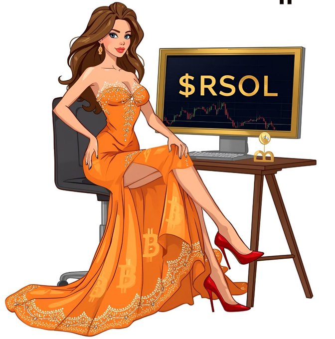A cartoon woman in an orange gown patterned with Bitcoin symbols sits beside a monitor displaying "$RSOL" over a candlestick chart, while a small golden figurine rests on the desk. The image's glamorous, unserious styling matches the post's dismissive tone toward the $RSOL meme pump, portraying it as more style than substance.