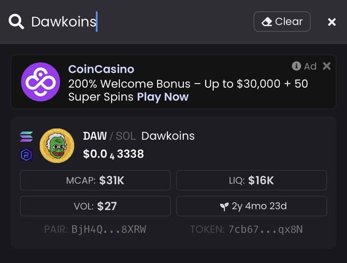 A cryptocurrency search result for 'Dawkoins' shows the DAW/SOL token priced at $0.04338 with a market cap of $31K, alongside a CoinCasino advertisement.