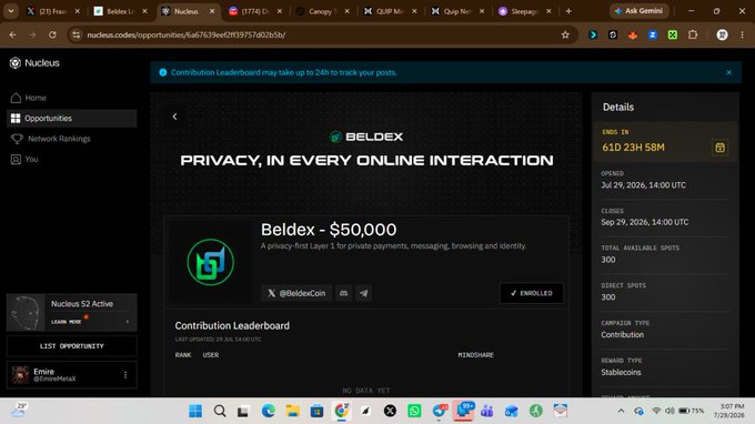 A screenshot of a web browser showing the Nucleus platform's opportunity page for 'Beldex - $50,000', a privacy-first Layer 1 project, with campaign details showing ends in 6 days, 23 hours, and 58 minutes.