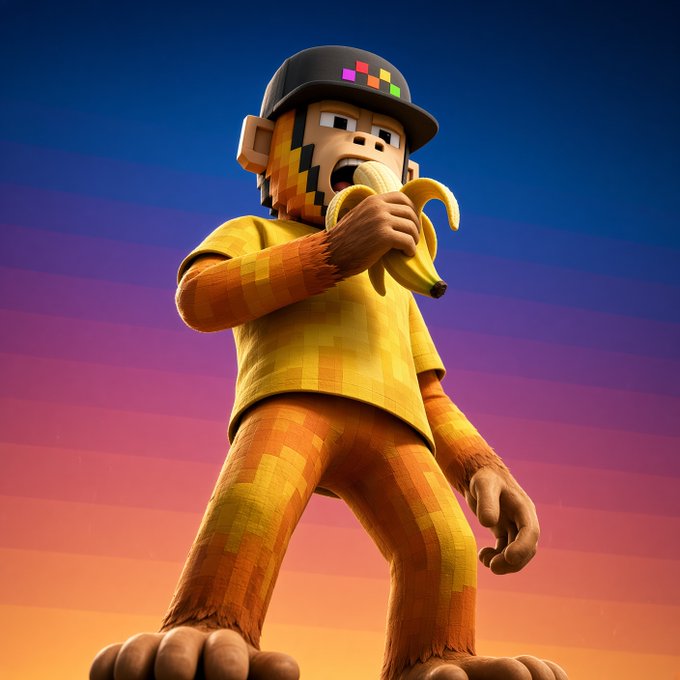 A 3D-rendered, blocky monkey character wearing a colorful cap and yellow shirt eats a banana against a vibrant sunset sky.