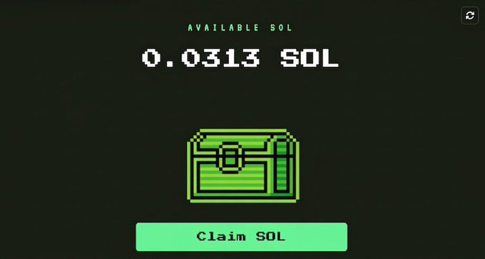 A digital interface displays "0.0313 SOL" under the label "AVAILABLE SOL," featuring a green pixelated treasure chest graphic above a "Claim SOL" button, illustrating the post's claim about unlocking free $SOL through Solana's storage rent reduction mechanism.