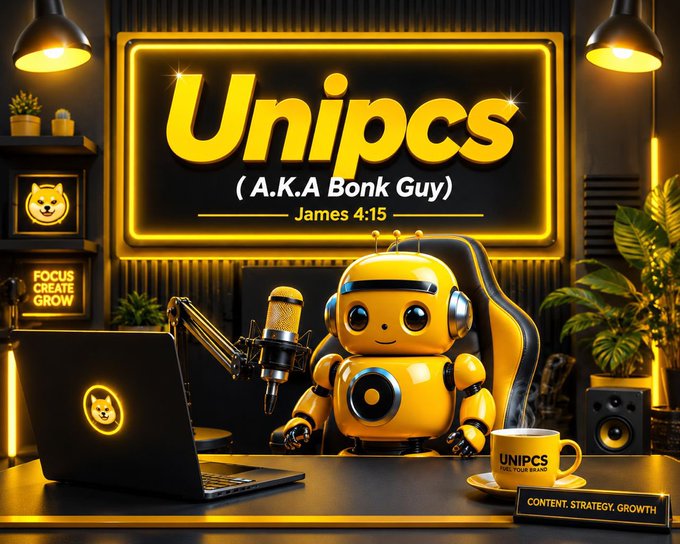 The image features a yellow robot character seated at a content creator's desk setup, with a glowing "Unipcs (A.K.A Bonk Guy)" neon sign referencing James 4:15 in the background, along with a laptop displaying a Shiba Inu logo, a microphone, and a mug labeled "Unipcs." The branded backdrop visualizes the trader "Bonk Guy," highlighting his rise as a top meme coin trader, particularly with $BONK, as referenced in the accompanying post.