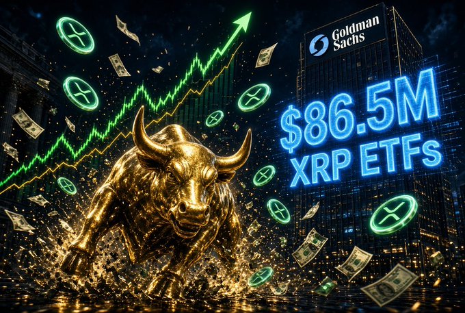 A powerful golden bull charges forward amid a vibrant financial backdrop featuring floating dollar bills and XRP coin symbols. Bold neon text announces "$86.5M XRP ETFs" alongside the Goldman Sachs logo, visually capturing the firm's dramatic reentry into XRP exchange-traded funds as highlighted in the headline.