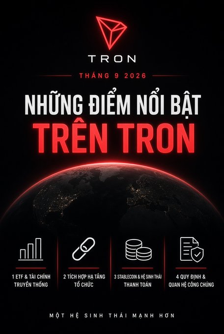 A dark promotional graphic titled 'TRON' for September 2026, highlighting 'NHỮNG ĐIỂM NỔI BẬT TRÊN TRON' (Highlights on TRON) with icons representing ETF, stablecoins, and public chain.